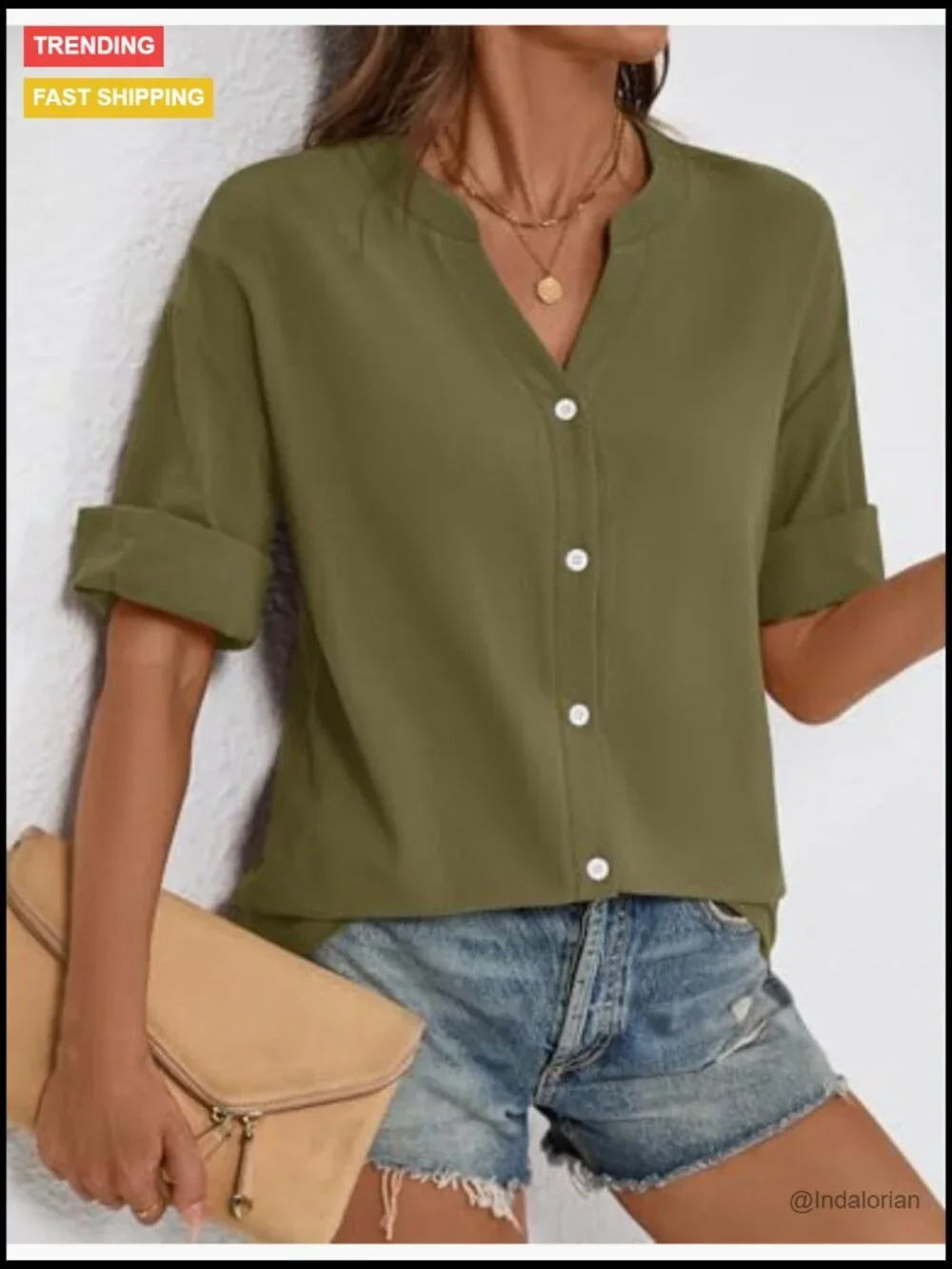 Cotton Linen 3/4 Sleeve Button Down Tunic Blouse Loose Fit V Neck - Picture 3 of 7